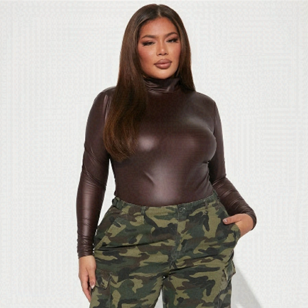 FAUX Leather Choc Brown Mock Neck Bodysuit 2X Fits  1X